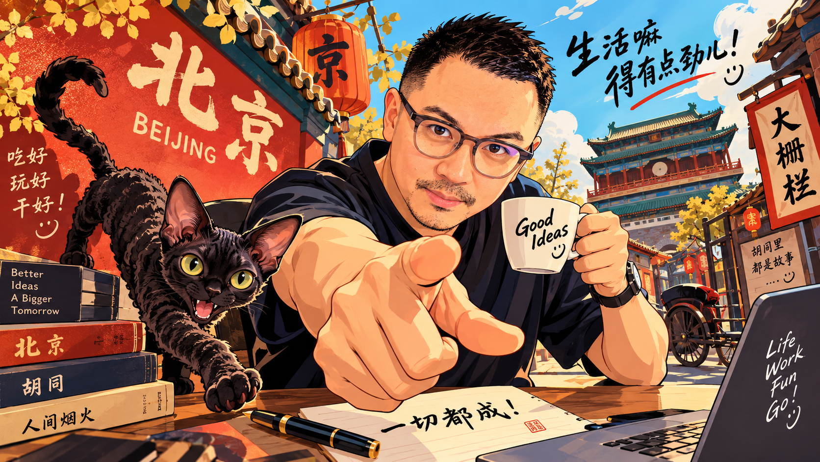 Illustrated portrait of Tony with his cat, Beijing street life and the words Good Ideas